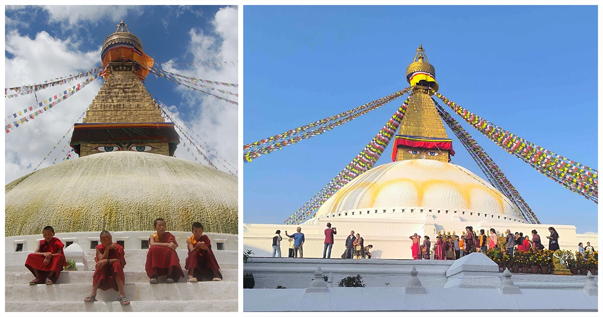 monks in front of bouddhanath 