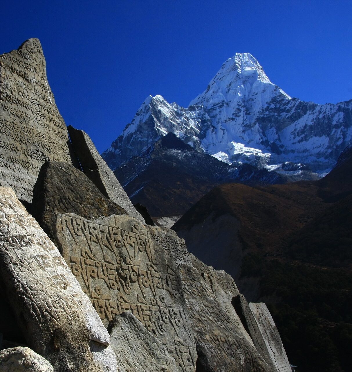 The prayer stones and Ama Dablam Mountain