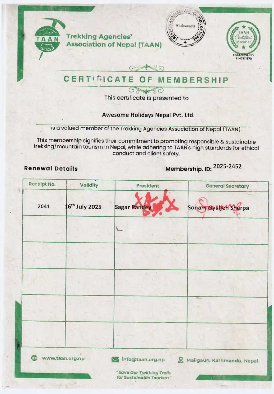  TAAN Membership Certificatte 