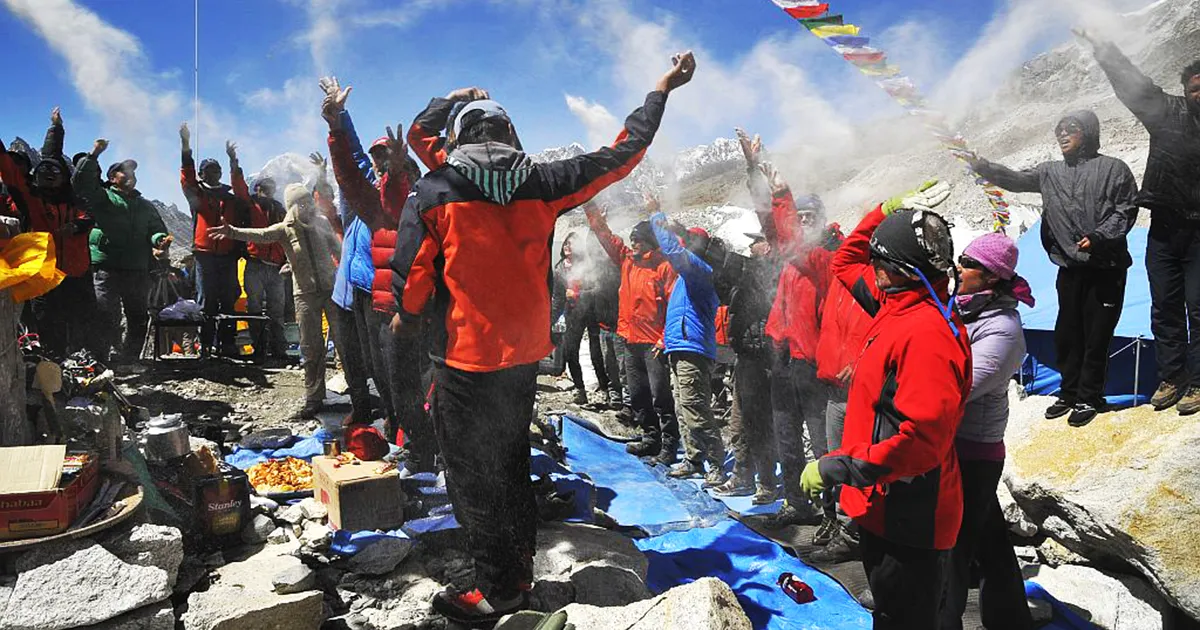 Climbers and monks doing EBC puja