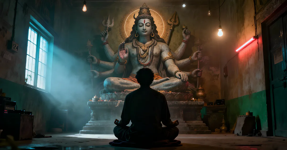 A meditating person in front of Lord Shiva