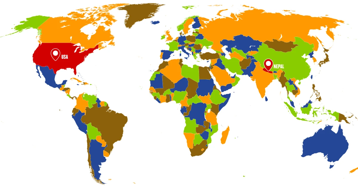 A map on a globe showing the distance between the USA and Nepal