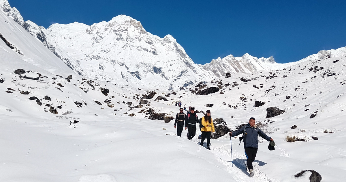 Trekkers walking with a guide in Annapurna regions