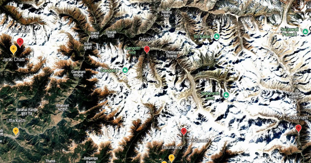 Map showing Char Dham Yatra route from Haridwar with trekking segments highlighted