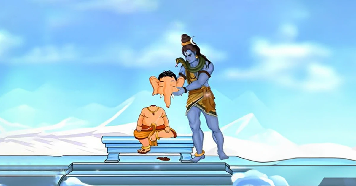 Shiva joining elephant head to Ganesh.