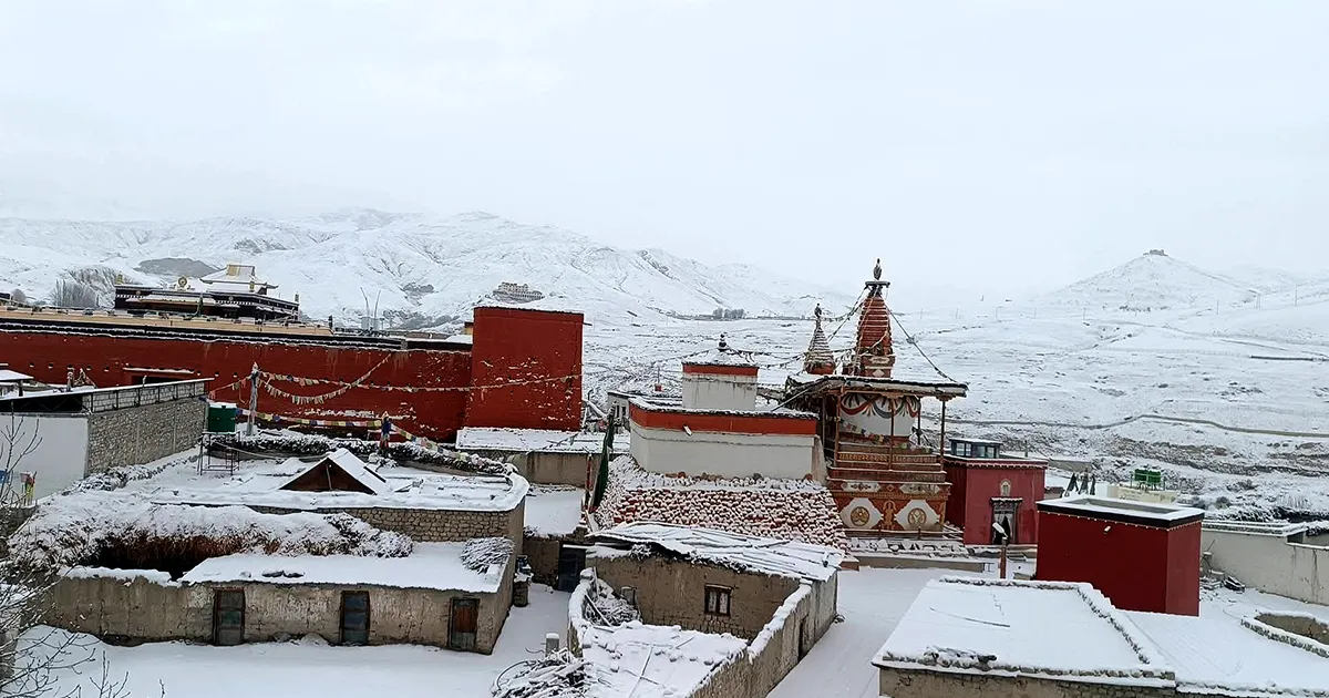 monasteries and gompa covered by snow in winter of upper mustang