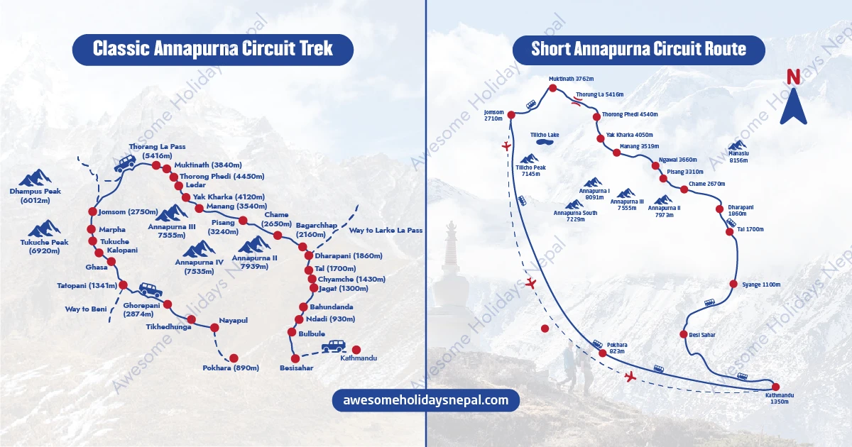 Classic Annapurna Circuit vs Short Annapurna Circuit Route Map