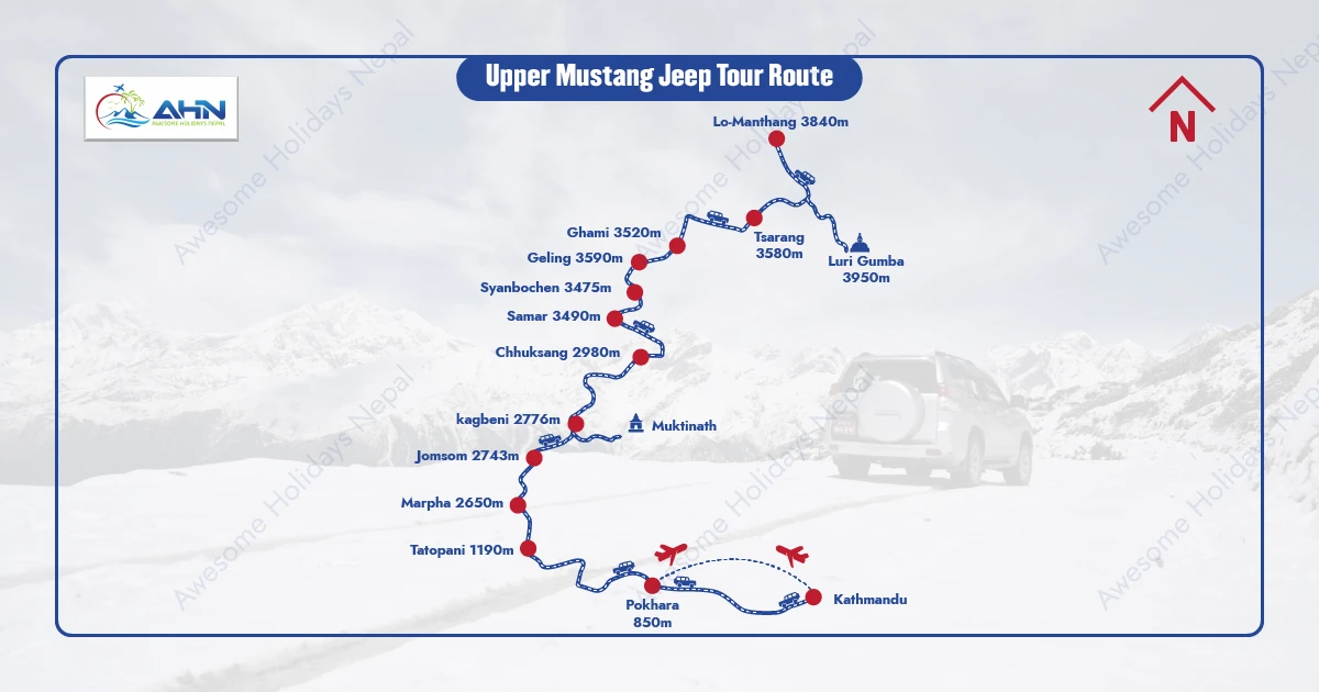 Upper Mustang Jeep Tour Route Map