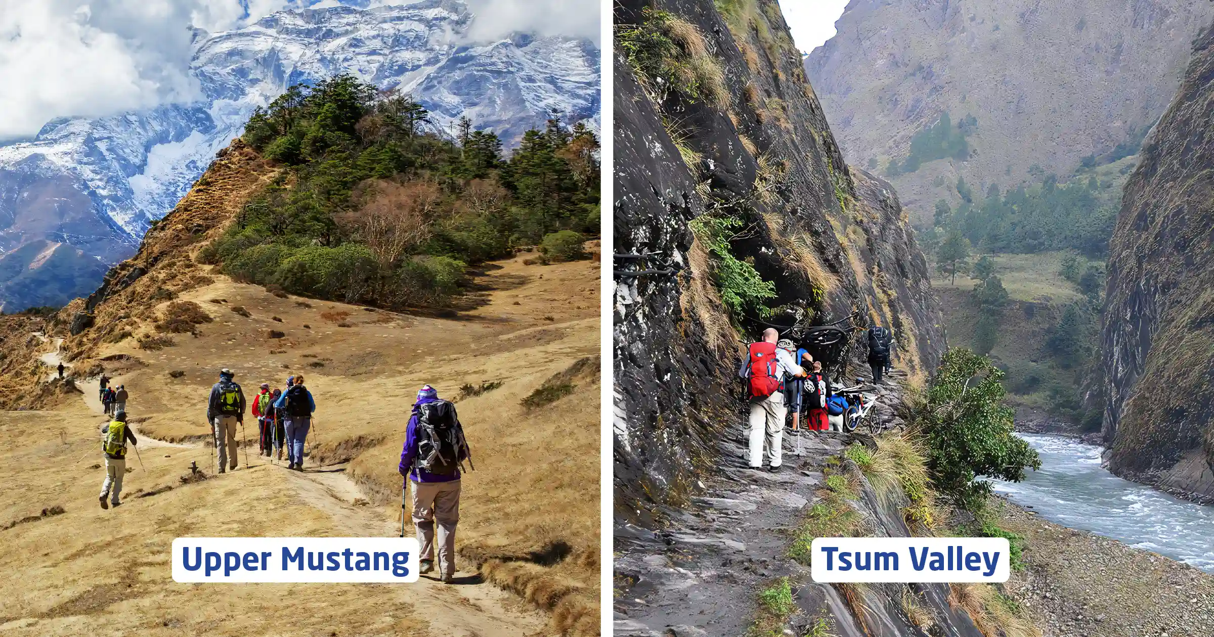 Trekkers walking in Upper Mustang Trek vs Tsum Valley Trek