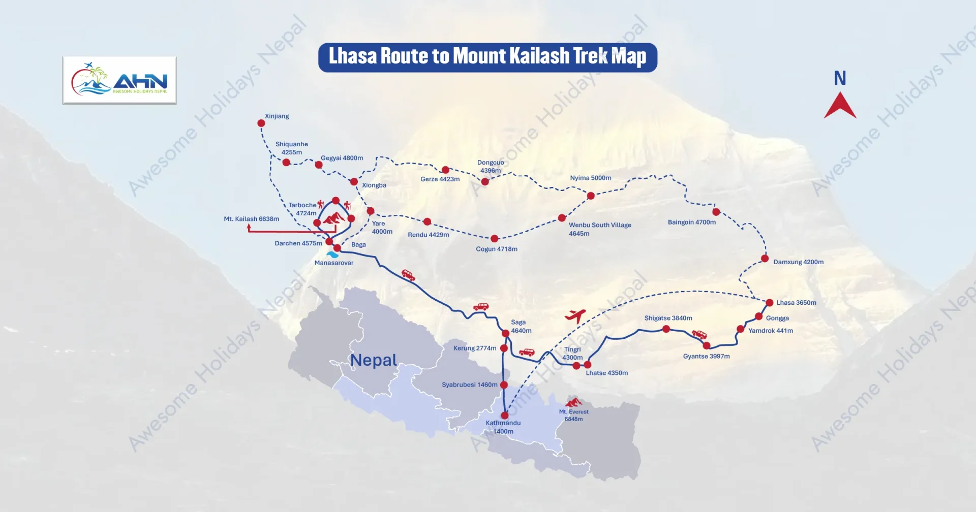 Trek Map of Mount Kailash via Lhasa