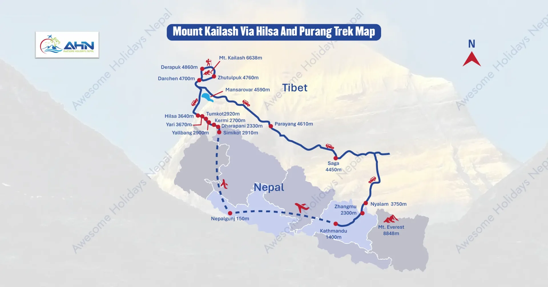 Trek Map for Mount Kailash via Hilsa and Purang(Taklakot)